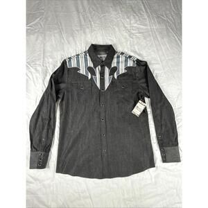 NWT H Bar C 90s Country Black White Blue Flame Stripe Mens L Pearl Snap Made USA